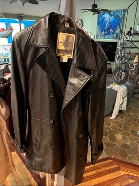 Men's Black Leather Double-Breasted Coat